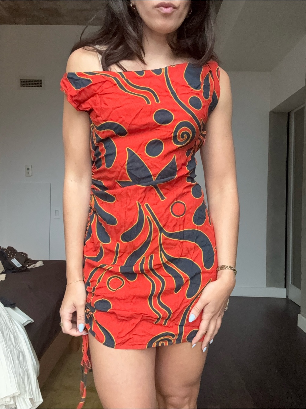 ASOS Red Abstract Print Off-Shoulder Midi Dress Linen Blend